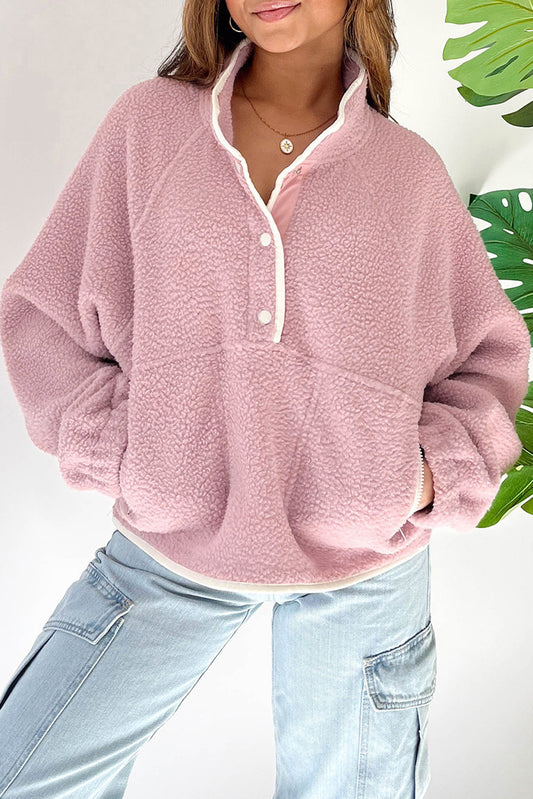 Fushia Stand Neck Half Button Zip Pocket Plush Sweatshirt