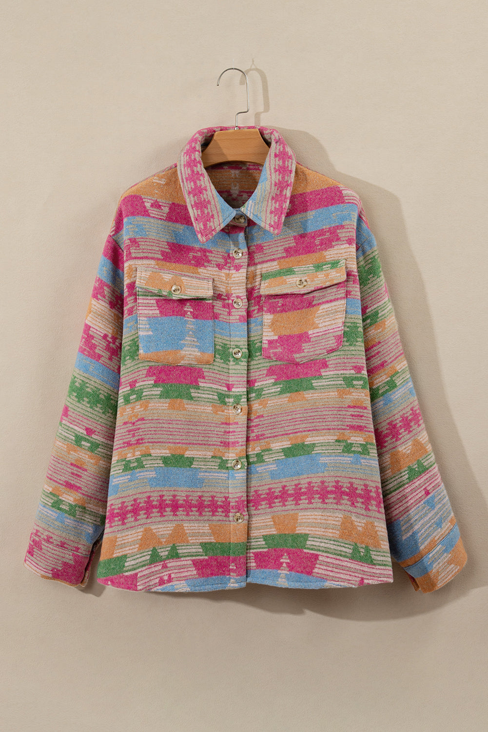 Pink Plus Size Aztec Printed Flap Pocket Shacket