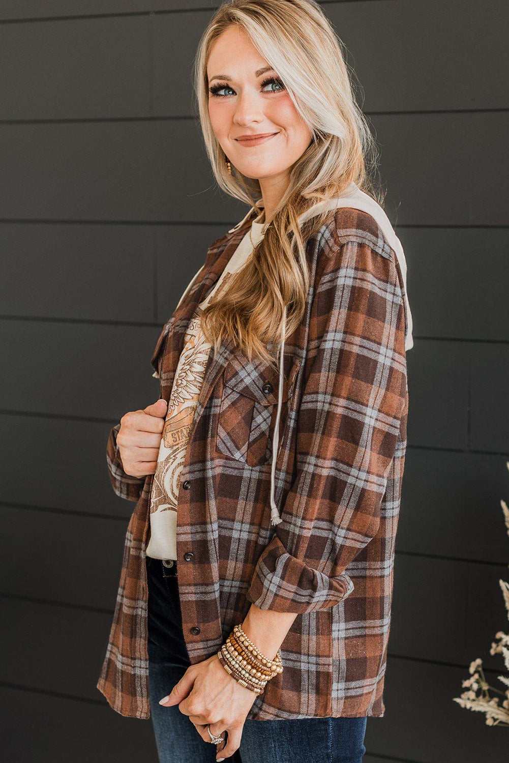 Brown Plus Size Plaid Contrast Button up Hooded Jacket