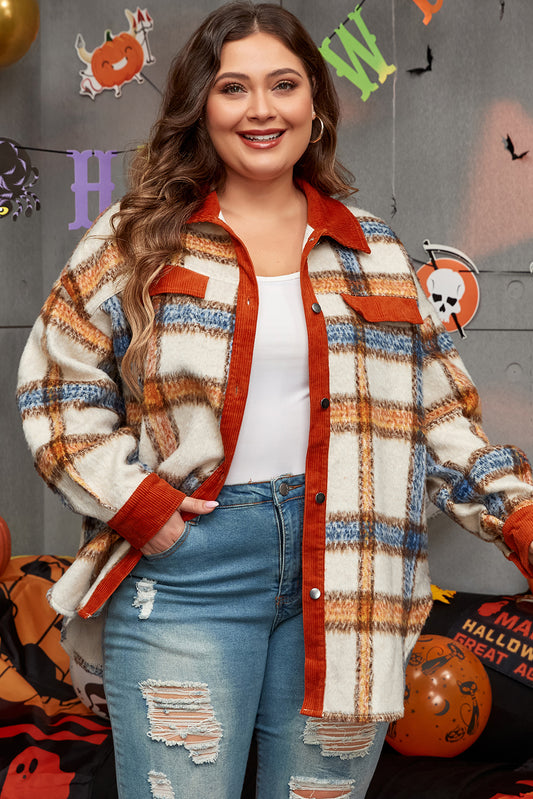 Brown Stripe Plus Size Plaid Print Collared Buttoned Jacket